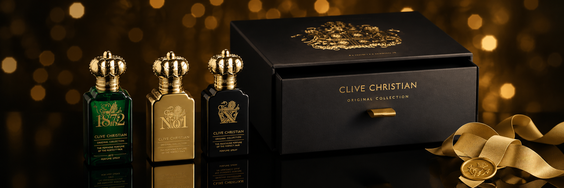 Clive Christian Original Collection — flacons 1872, No1 et X avec coffret luxe sur fond doré